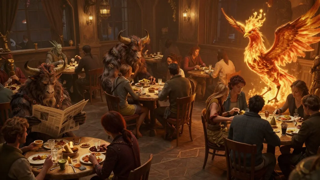 A communal dining room with mismatched tables and chairs. Various fantasy creatures eating lunch, each at their own table. A minotaur at one end reading a newspaper. In the corner, a phoenix sits wreathed in soft golden flames.