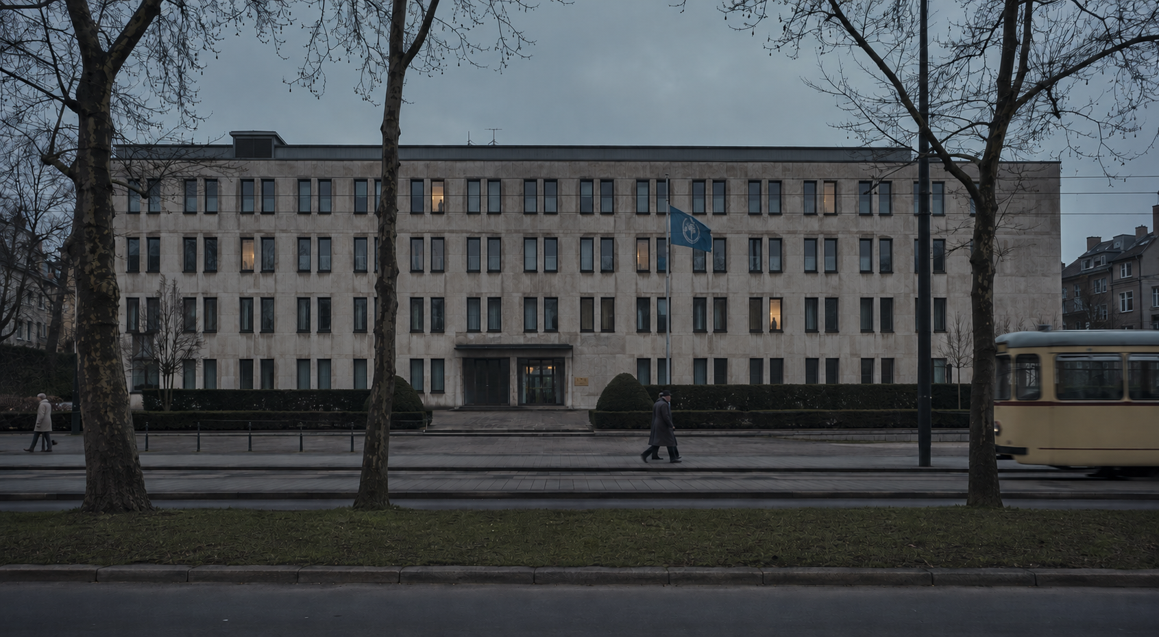 A modest 1960s civic office building in a postwar European city, viewed from across a tree-lined boulevard on an overcast late afternoon