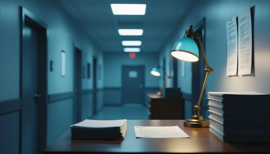 An empty, dimly lit bureaucratic corridor with unmarked doors, no signage, no windows